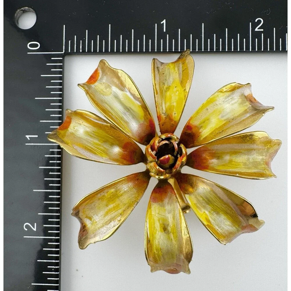 Vintage Flower Brooch Enamel  Floral Gold Tone Yellow Orange Pin 2.5”